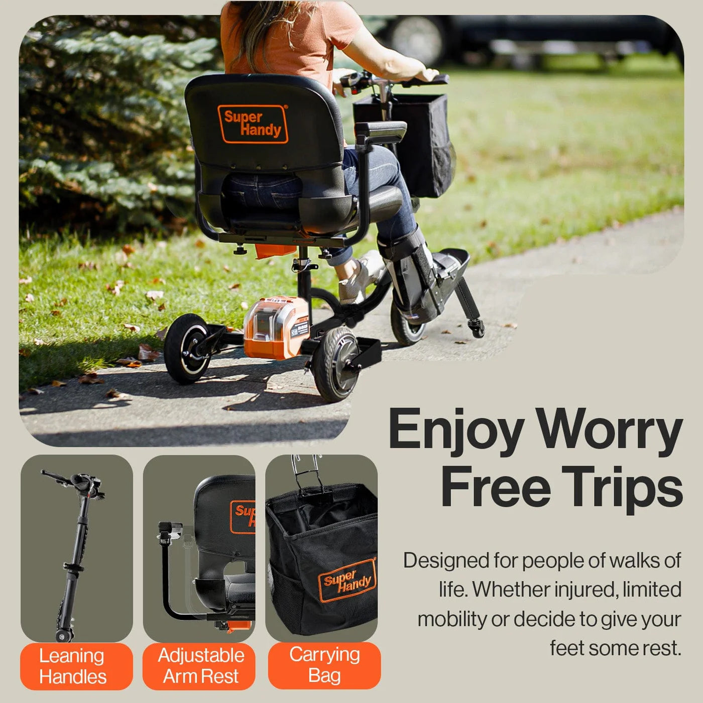 SuperHandy Passport Plus Foldable 3-Wheel Mobility Scooter + Extra Battery GUT140