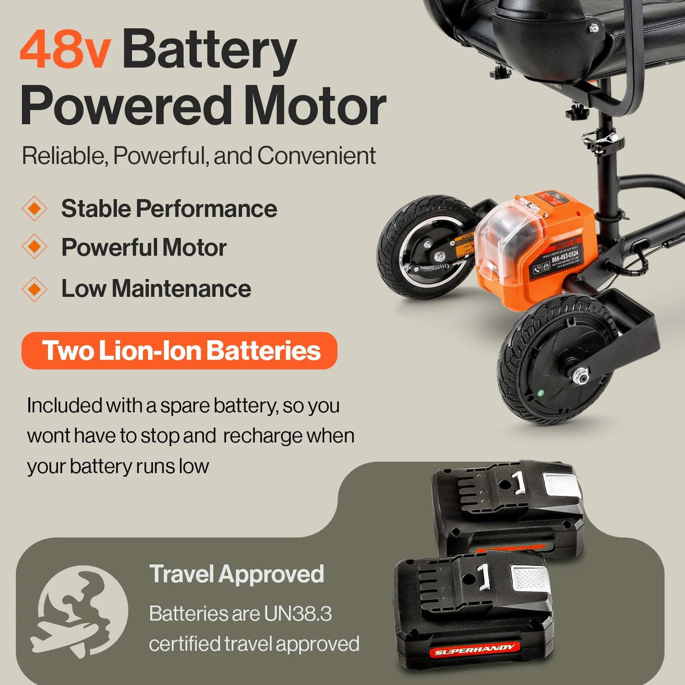 SuperHandy Passport Plus Foldable 3-Wheel Mobility Scooter + Extra Battery GUT140
